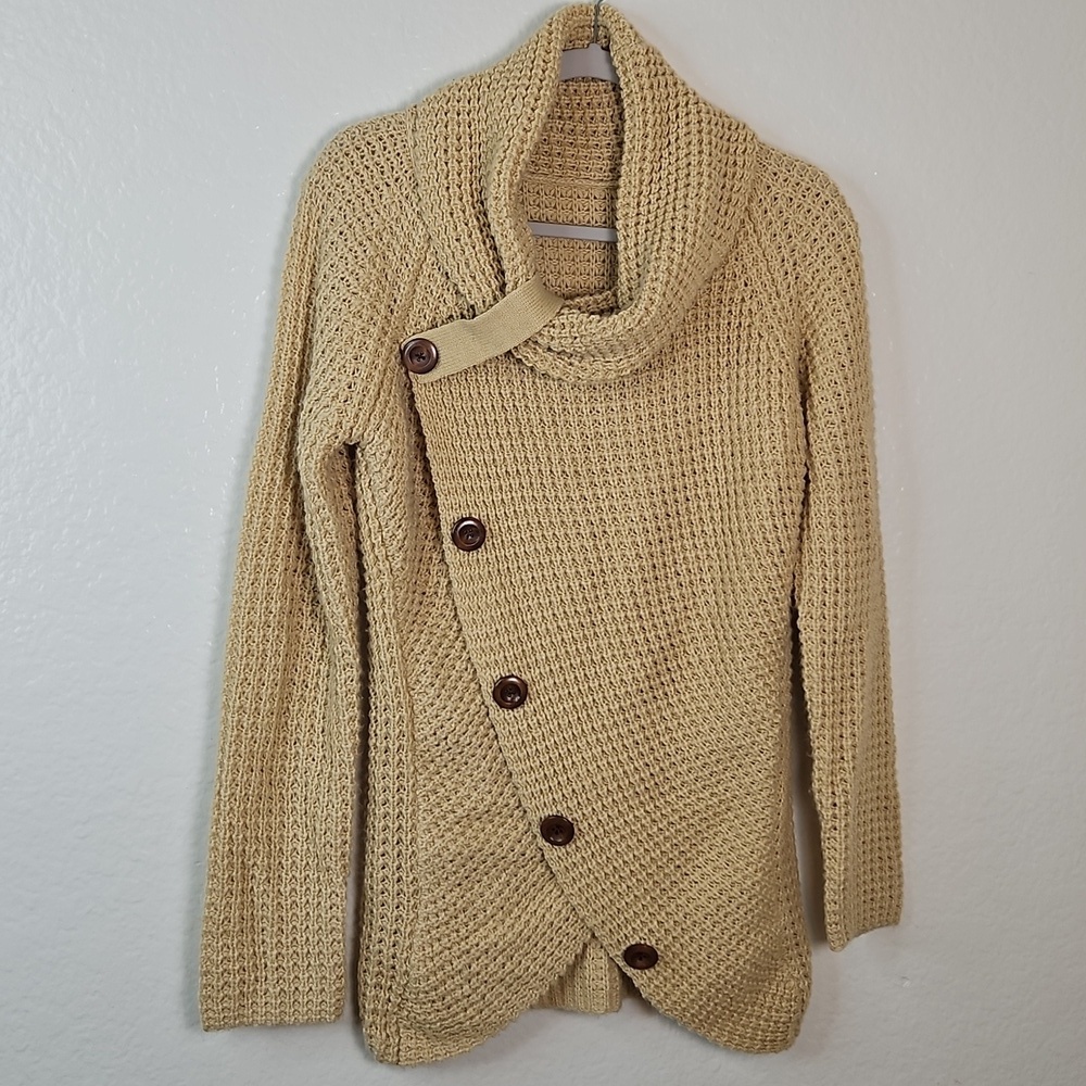Cozy Tan Knit Sweater with Button Detail | Asymmetrical Cowl Neck Size M